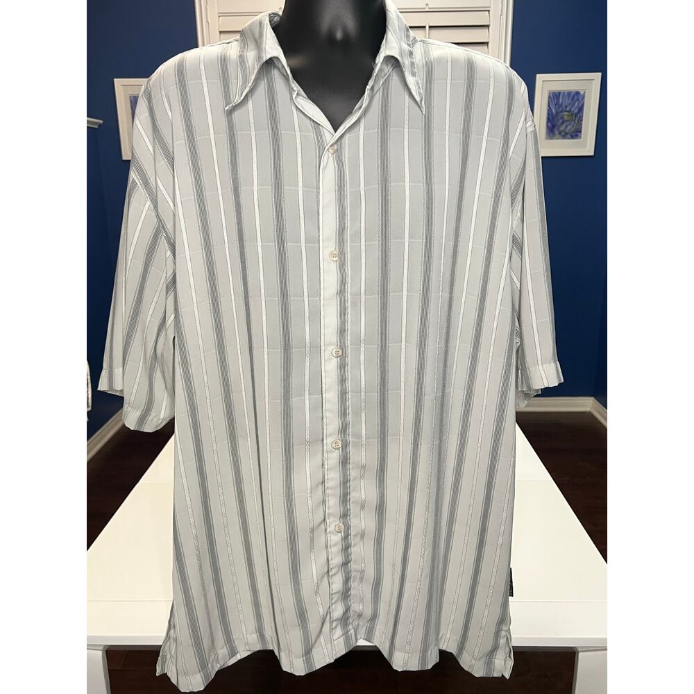 Metafuori‎ New York 3XL Mens Shirt Gray Stripe Button Up Short Sleeve Poly Retro